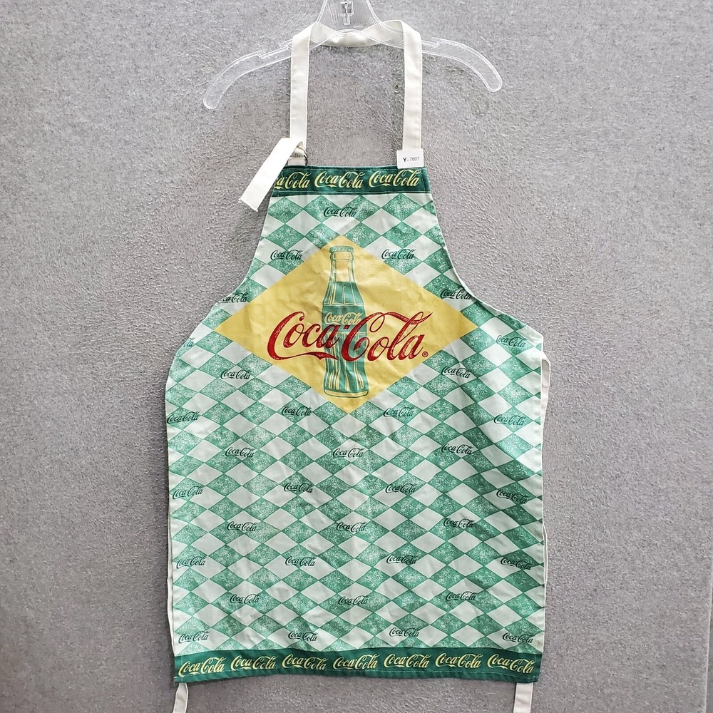 VINTAGE Coca Cola Apron Green Check Logo Spellout‎ READ